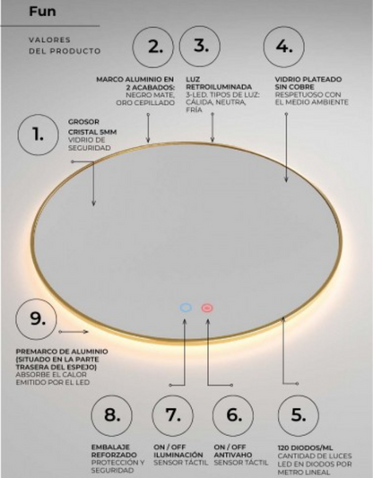 ESPEJO BAÑO REDONDO LED, ORO CEPILLADO ANTIVAHO MOD. FUN