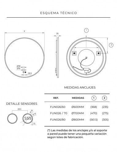 ESPEJO BAÑO REDONDO LED, ORO CEPILLADO ANTIVAHO MOD. FUN