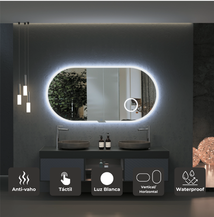 ESPEJO BAÑO OVALADO LUZ LED, ESPEJO DE AUMENTO 3X, MOD. INDIANA