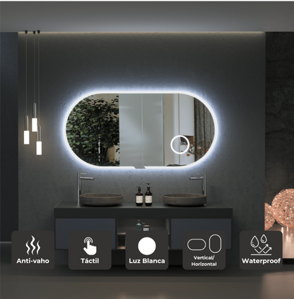 ESPEJO BAÑO OVALADO LUZ LED, ESPEJO DE AUMENTO 3X, MOD. INDIANA