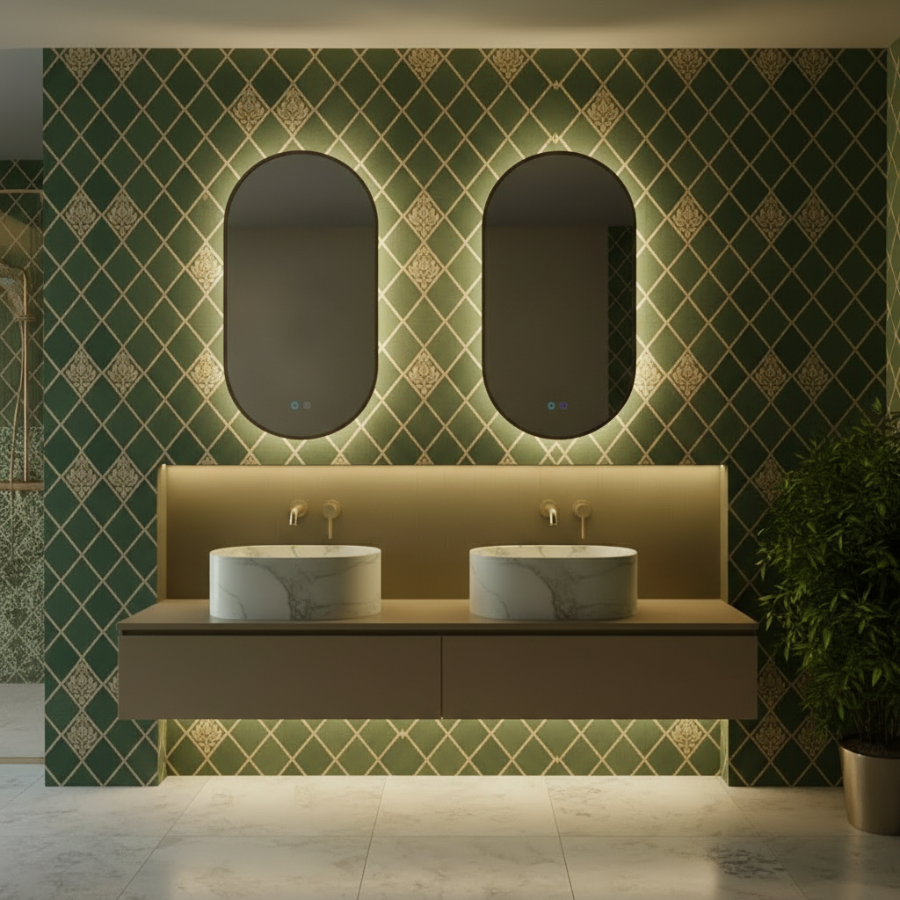 ESPEJO BAÑO ANTIVAHO. MARCO NEGRO, ORO CEPILLADO, ORO ROSA - MOD. TOKYO